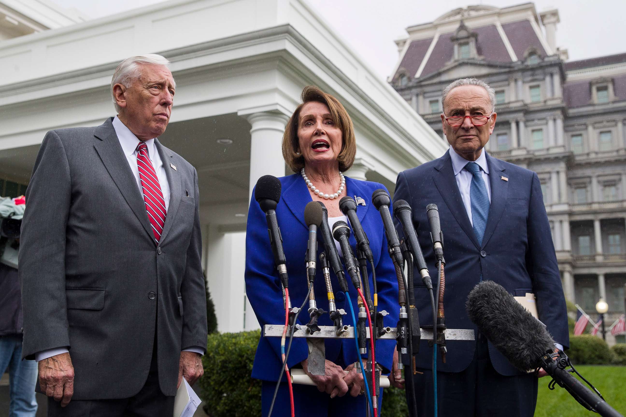 PHOTO: House Majority Leader Steny Hoyer, left, House Speaker Nancy Pelosi, and Senate Minority Leader Chuck Schumer, speak with reporters after a meeting with President Donald Trump at the White House, Wednesday, Oct. 16, 2019, in Washington.