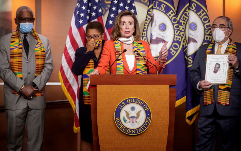 PHOTO:House Speaker Nancy Pelosi looks stands with members of the Congressional Black Caucus during a news conference at the U.S. Capitol in Washington, D.C., June 8, 2020. 