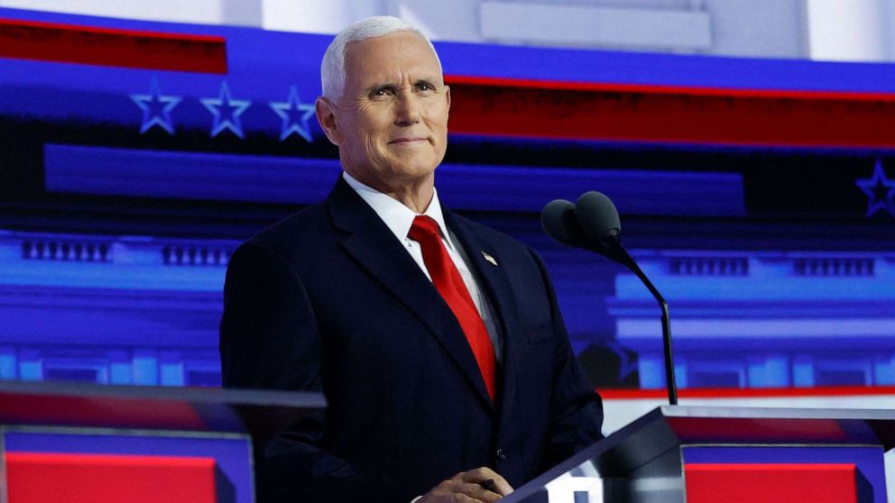 PHOTO: Former Vice President Mike Pence takes part in the first Republican Presidential primary debate at the Fiserv Forum in Milwaukee, Wisconsin, on Aug. 23, 2023.