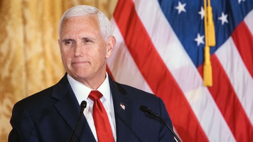 PHOTO: Former Vice President Mike Pence speaks during the Nixon National Energy Conference at the Richard Nixon Presidential Library & Museum in Yorba Linda, Calif., April 19, 2023.
