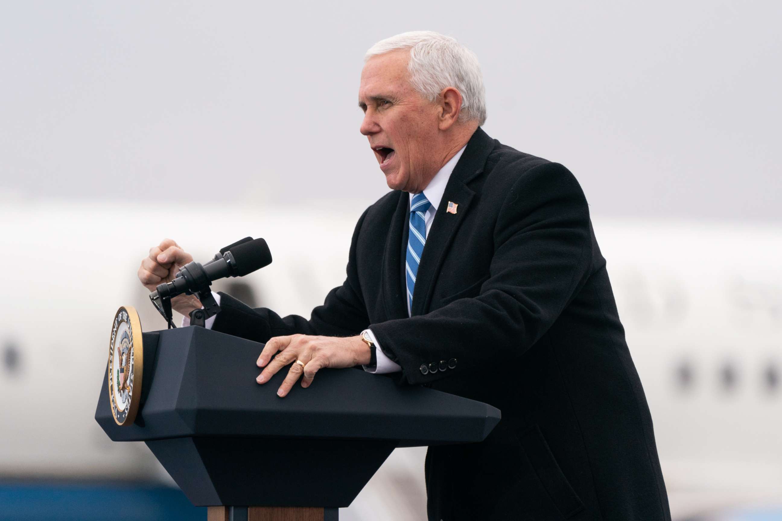 PHOTO: Vice President Mike Pence speaks during a Defend The Majority campaign event on Dec. 17, 2020, in Columbus, Ga.