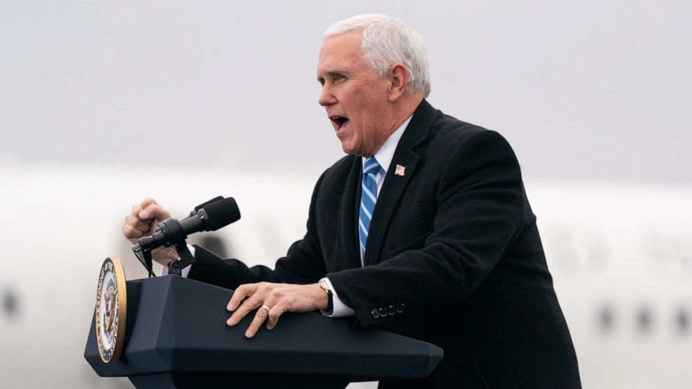 PHOTO: Vice President Mike Pence speaks during a Defend The Majority campaign event on Dec. 17, 2020, in Columbus, Ga.