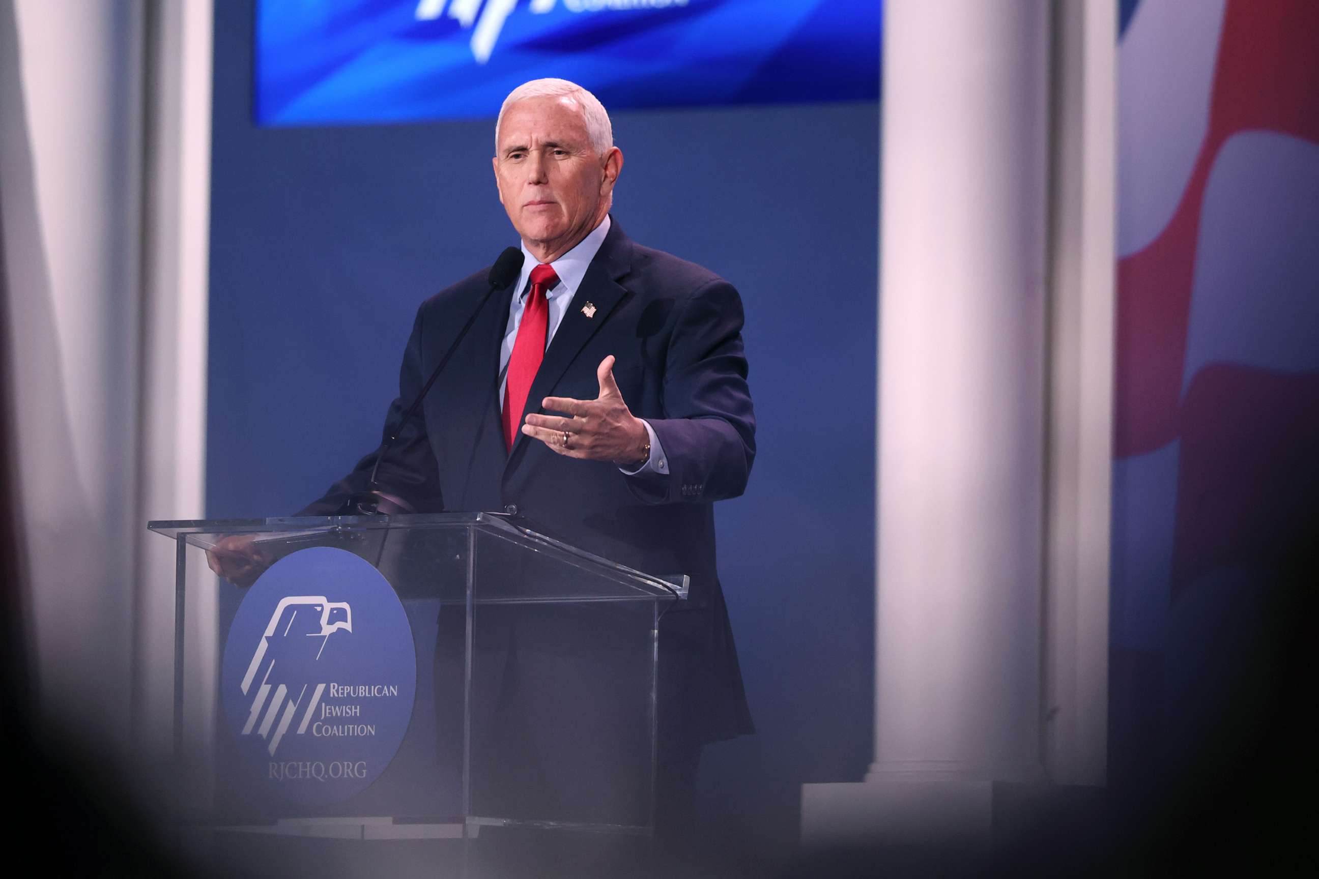 PHOTO: Former Vice President Mike Pence speaks to guests at the Republican Jewish Coalition Annual Leadership Meeting, Nov. 18, 2022, in Las Vegas.