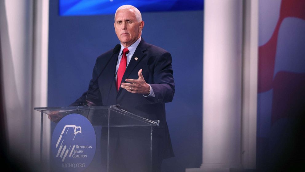 PHOTO: Former Vice President Mike Pence speaks to guests at the Republican Jewish Coalition Annual Leadership Meeting, Nov. 18, 2022, in Las Vegas.