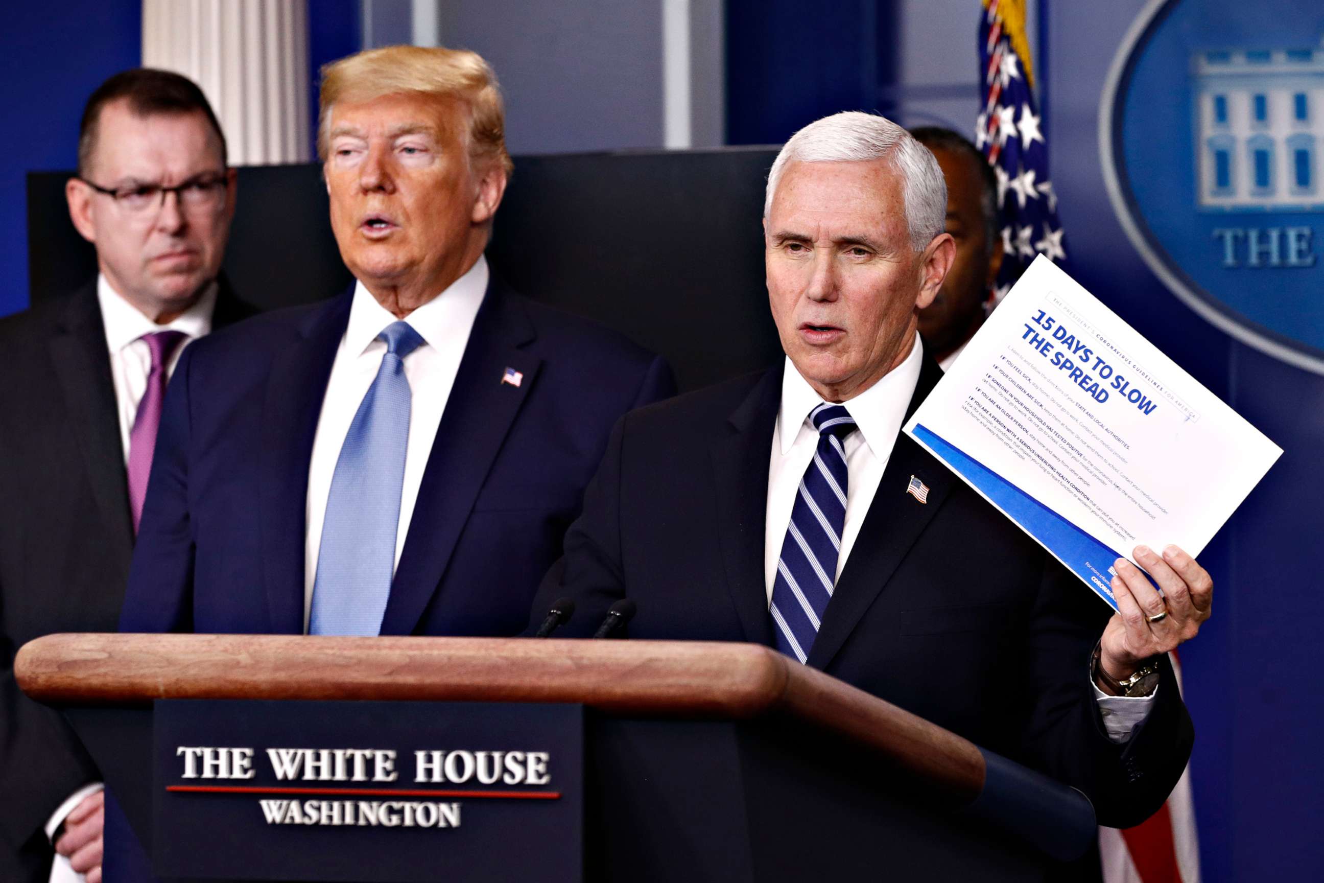 PHOTO: Vice President Mike Pence speaks during a coronavirus task force briefing at the White House, March 21, 2020, in Washington. 