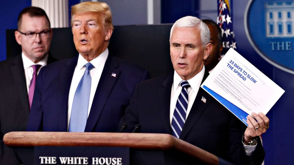 PHOTO: Vice President Mike Pence speaks during a coronavirus task force briefing at the White House, March 21, 2020, in Washington. 