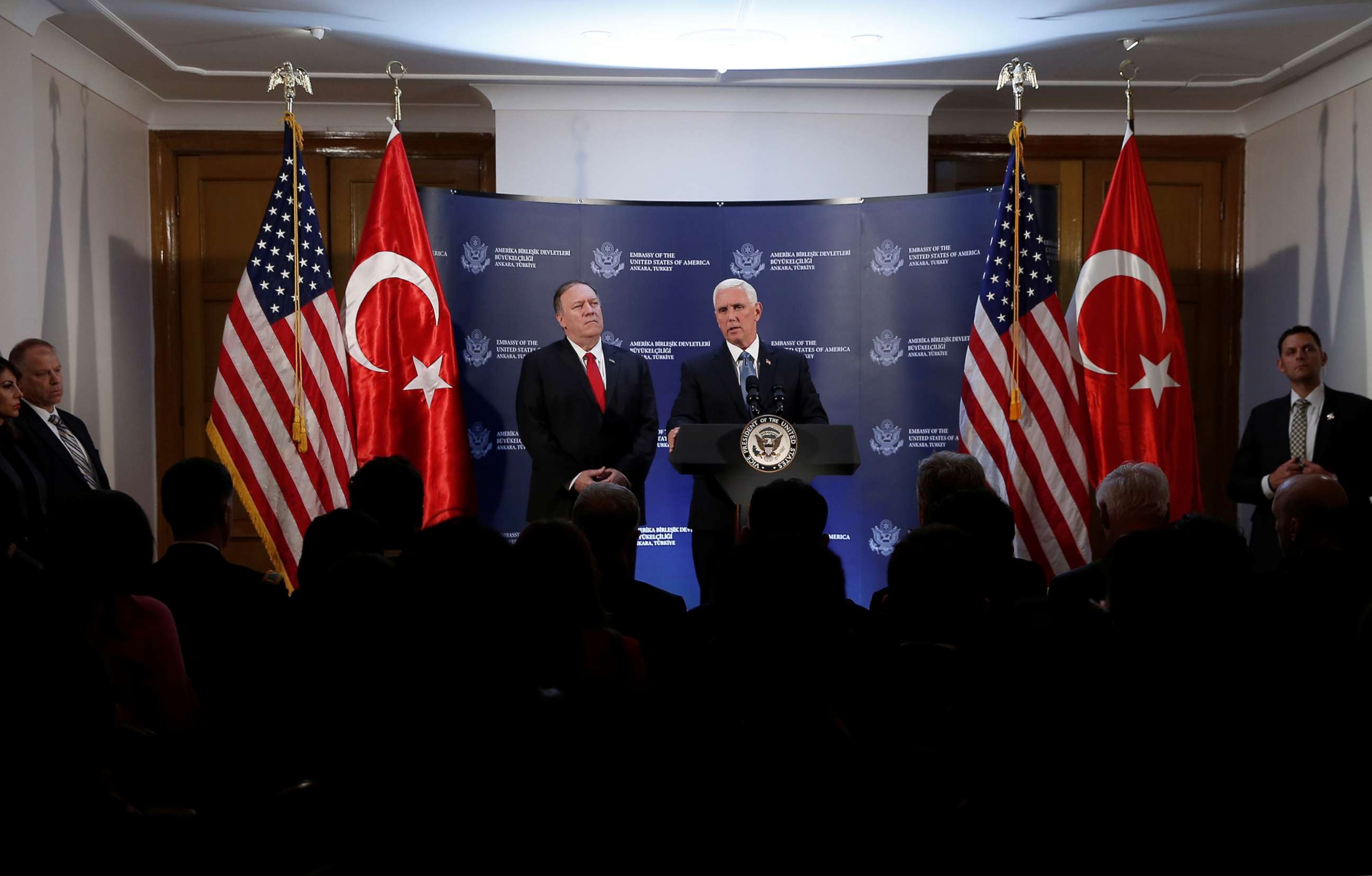 PHOTO: Vice President Mike Pence speaks during a news conference, as Secretary of State Mike Pompeo looks on, at the U.S. Embassy in Ankara, Turkey, Oct. 17, 2019.