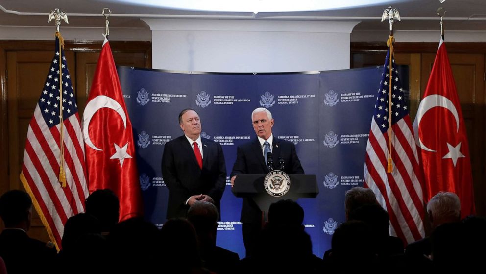 PHOTO: Vice President Mike Pence speaks during a news conference, as Secretary of State Mike Pompeo looks on, at the U.S. Embassy in Ankara, Turkey, Oct. 17, 2019.