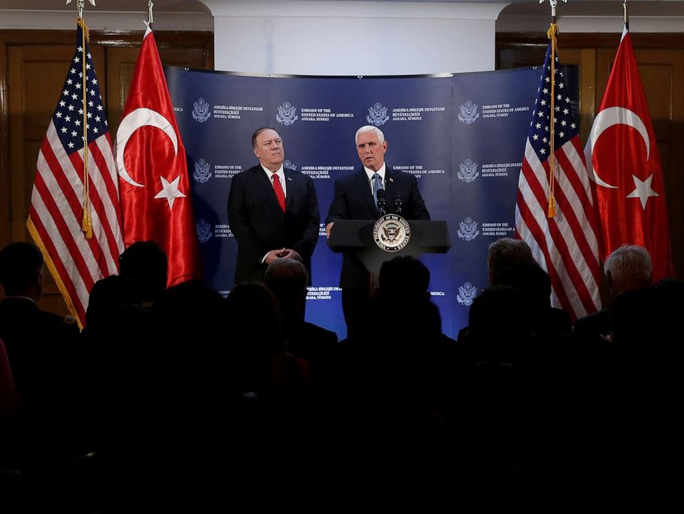 PHOTO: Vice President Mike Pence speaks during a news conference, as Secretary of State Mike Pompeo looks on, at the U.S. Embassy in Ankara, Turkey, Oct. 17, 2019.