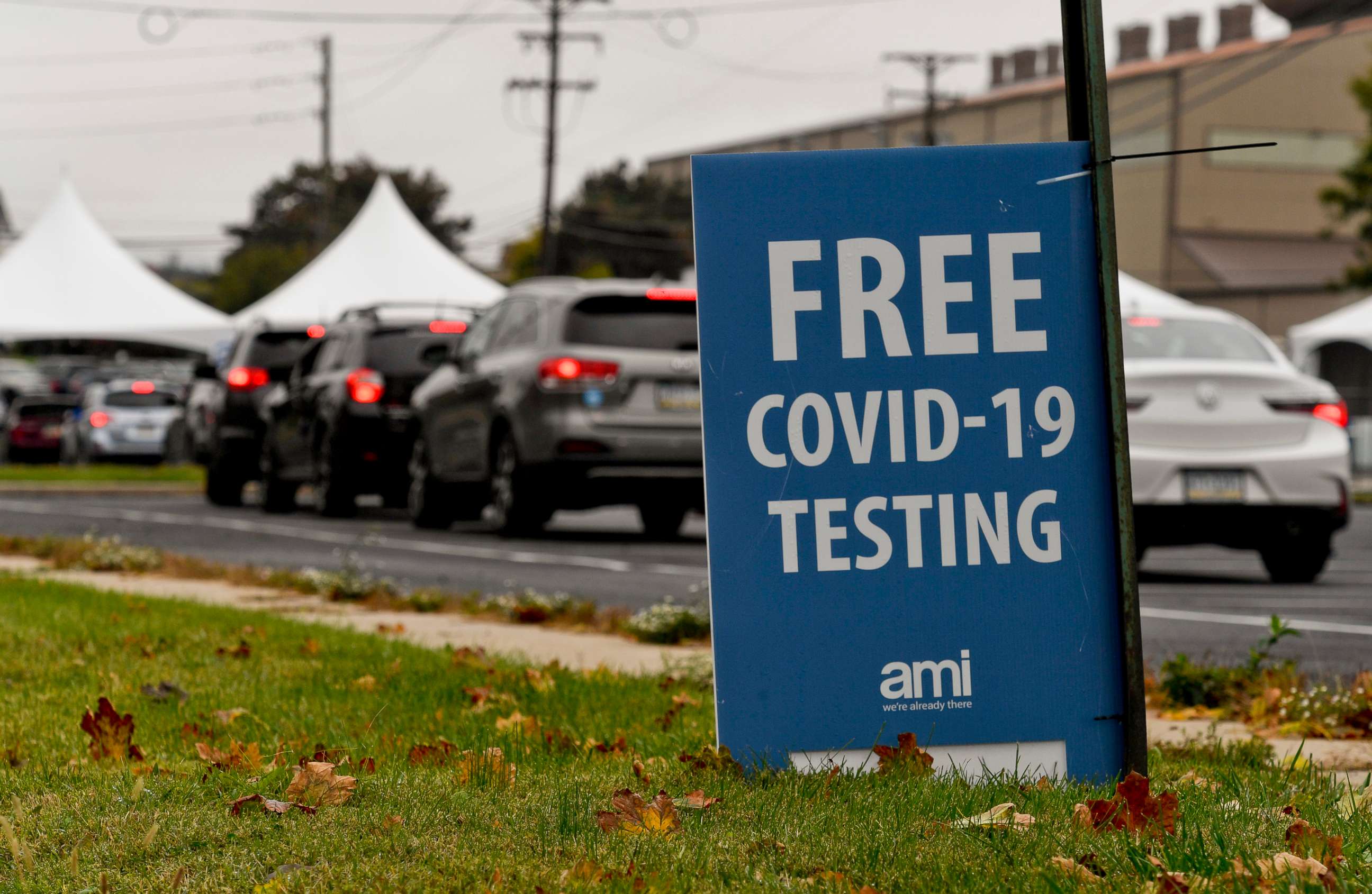PHOTO: A sign reading "Free COVID-19 Testing" at a state-run free COVID-19 testing site setup in Reading, PA, Oct. 13, 2020. 