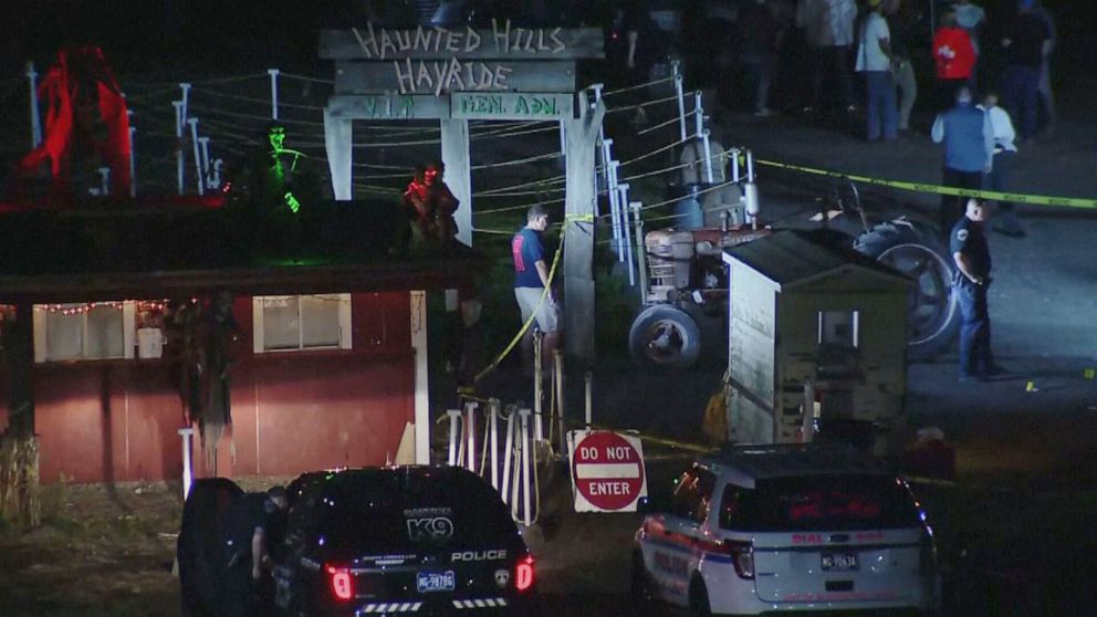 PHOTO: Police investigate the scene of a shooting at the Haunted Hills Hayride in North Versailles, Pennsylvania, Sept. 11, 2021.