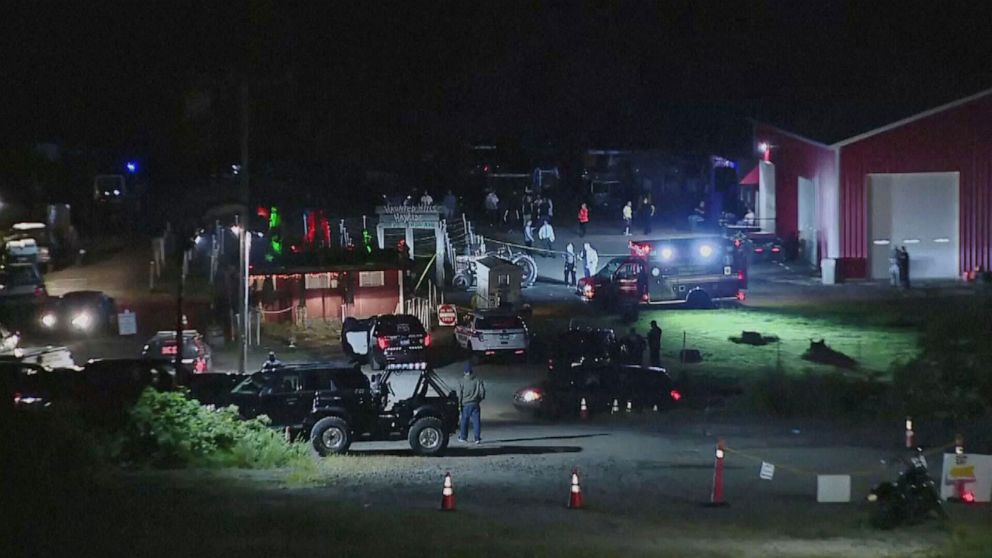 PHOTO: Police investigate the scene of a shooting at the Haunted Hills Hayride in North Versailles, Pennsylvania, Sept. 11, 2021.