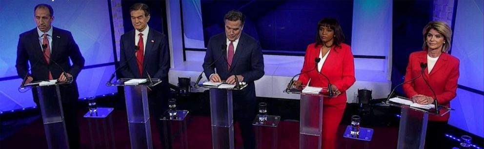 PHOTO: Kathy Barnette, Jeff Bartos, Dave McCormick, Mehmet Oz, and Carla Sands, Republican Party candidates vying to replace U.S. Senator Pat Toomey, debate from the abc27 studio in Harrisburg, Pa., April 25, 2022. 