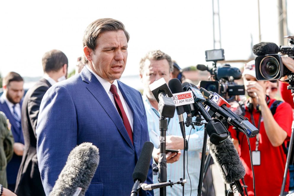 PHOTO: Florida Governor Ron DeSantis speaks to press following a shooting on the Pensacola Naval Air Base on Dec. 6, 2019, in Pensacola, Fla.