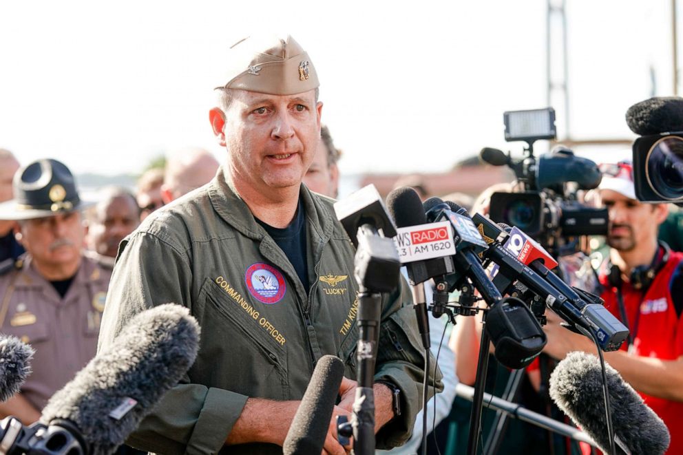 PHOTO: Commanding Officer Timothy F. Kinsella Jr speaks at a press conference following a shooting on the Pensacola Naval Air Base on Dec. 6, 2019, in Pensacola, Fla.