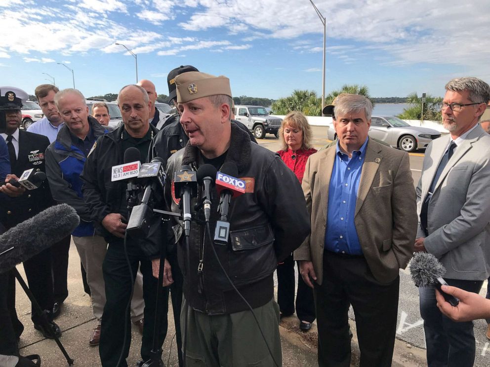 PHOTO: Local law enforcement and officials and NAS Pensacola officials hold a press conference about a shooting that left 4 dead, including the shooter, Dec. 6, 2019.