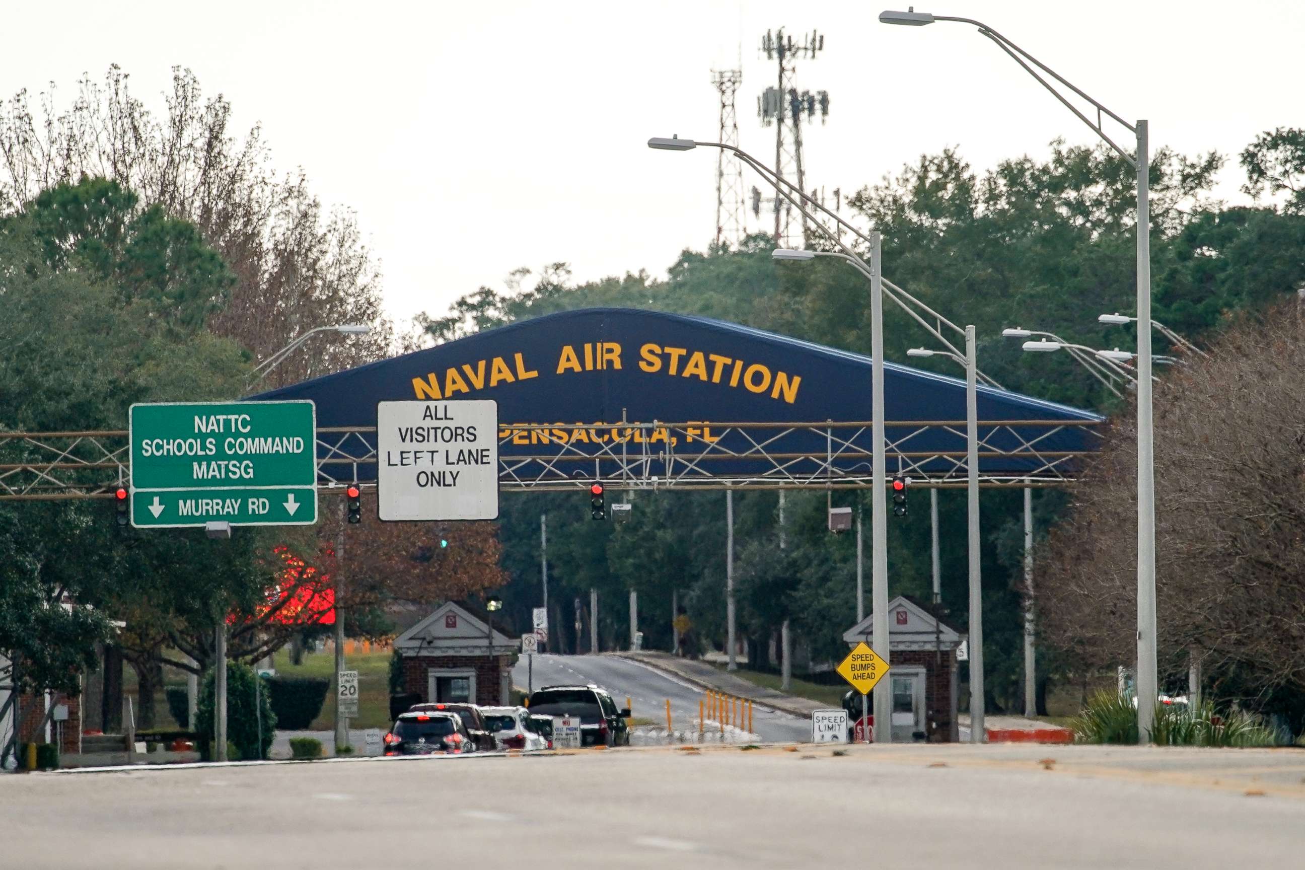 PHOTO:The Pensacola Naval Air Station main gate following a shooting on Dec. 06, 2019, in Pensacola, Fla. 