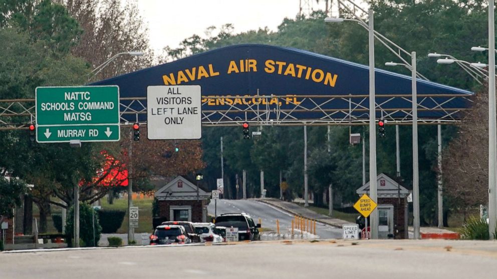 PHOTO:The Pensacola Naval Air Station main gate following a shooting on Dec. 06, 2019, in Pensacola, Fla. 