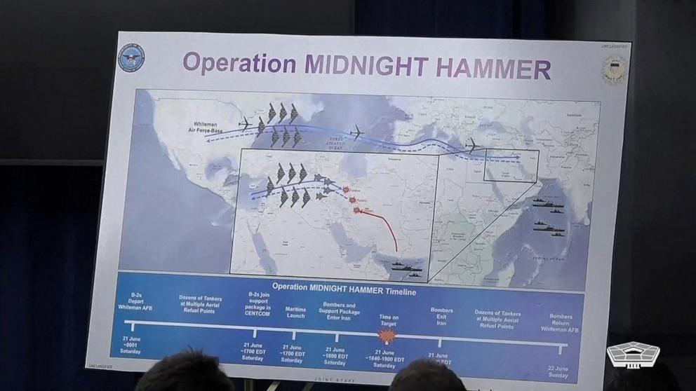 PHOTO: A poster of "Operation Midnight Hammer" is displayed during a briefing at the Pentagon, after the U.S. struck Iranian nuclear facilities, during the Israel-Iran conflict, in Arlington, Virginia, June 22, 2025.