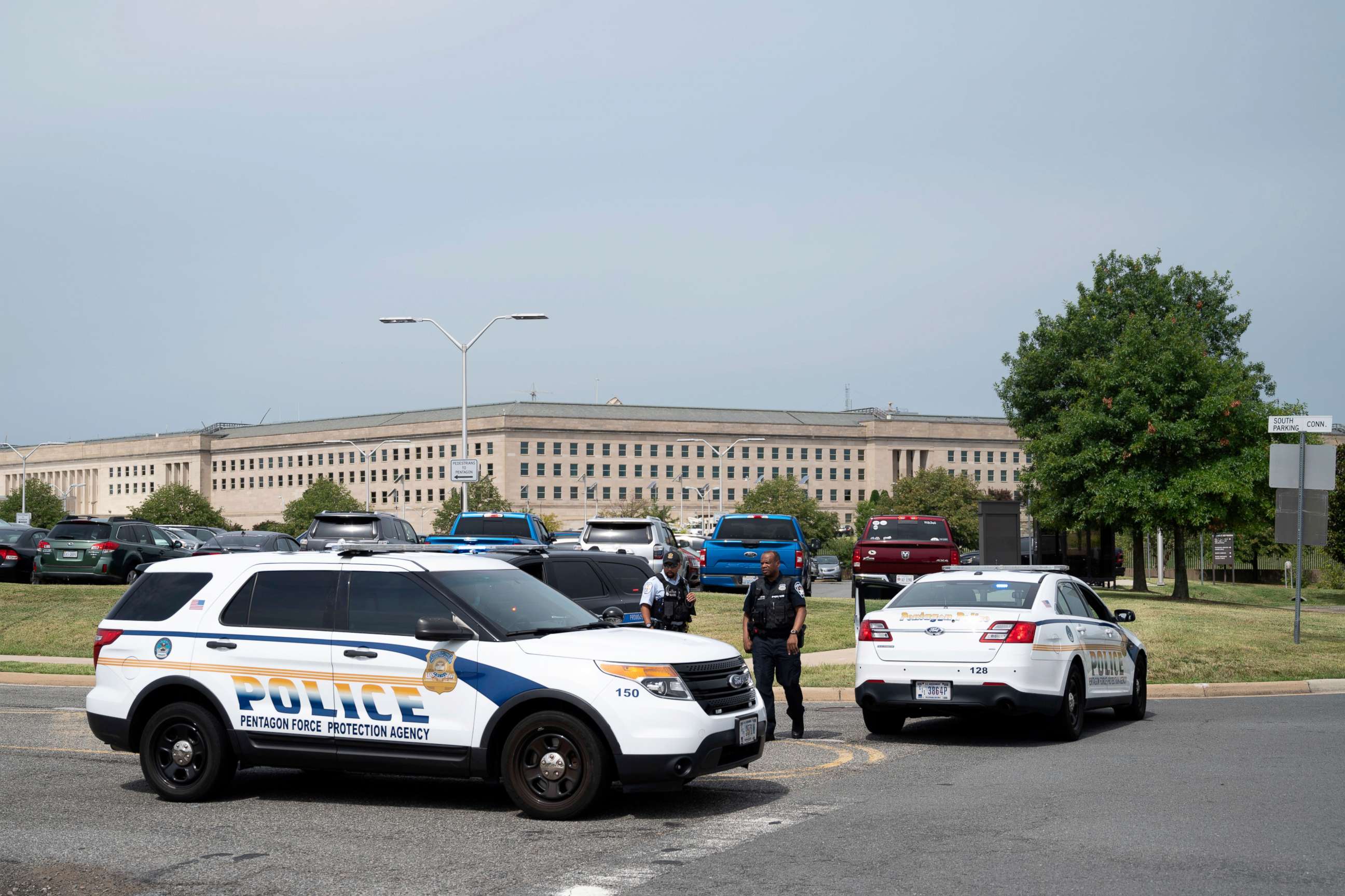PHOTO: Police block off an entrance to the Pentagon following reports of multiple gun shots fired on a bus platform near the facility's Metro station, Aug, 3 2021, in Washington.
