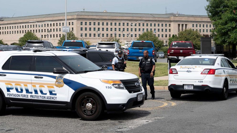 PHOTO: Police block off an entrance to the Pentagon following reports of multiple gun shots fired on a bus platform near the facility's Metro station, Aug, 3 2021, in Washington.