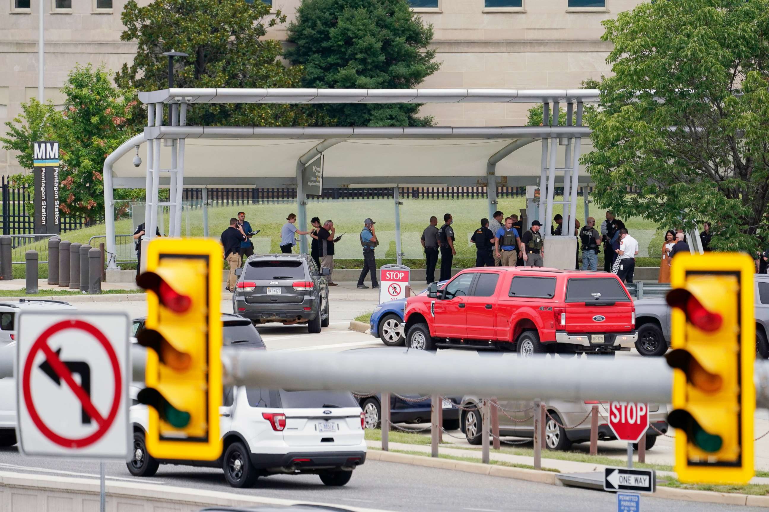 PHOTO: Police vehicles are seen outside the Pentagon Metro area Tuesday, Aug. 3, 2021, at the Pentagon in Washington.