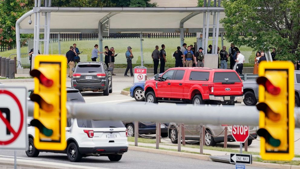 PHOTO: Police vehicles are seen outside the Pentagon Metro area Tuesday, Aug. 3, 2021, at the Pentagon in Washington.