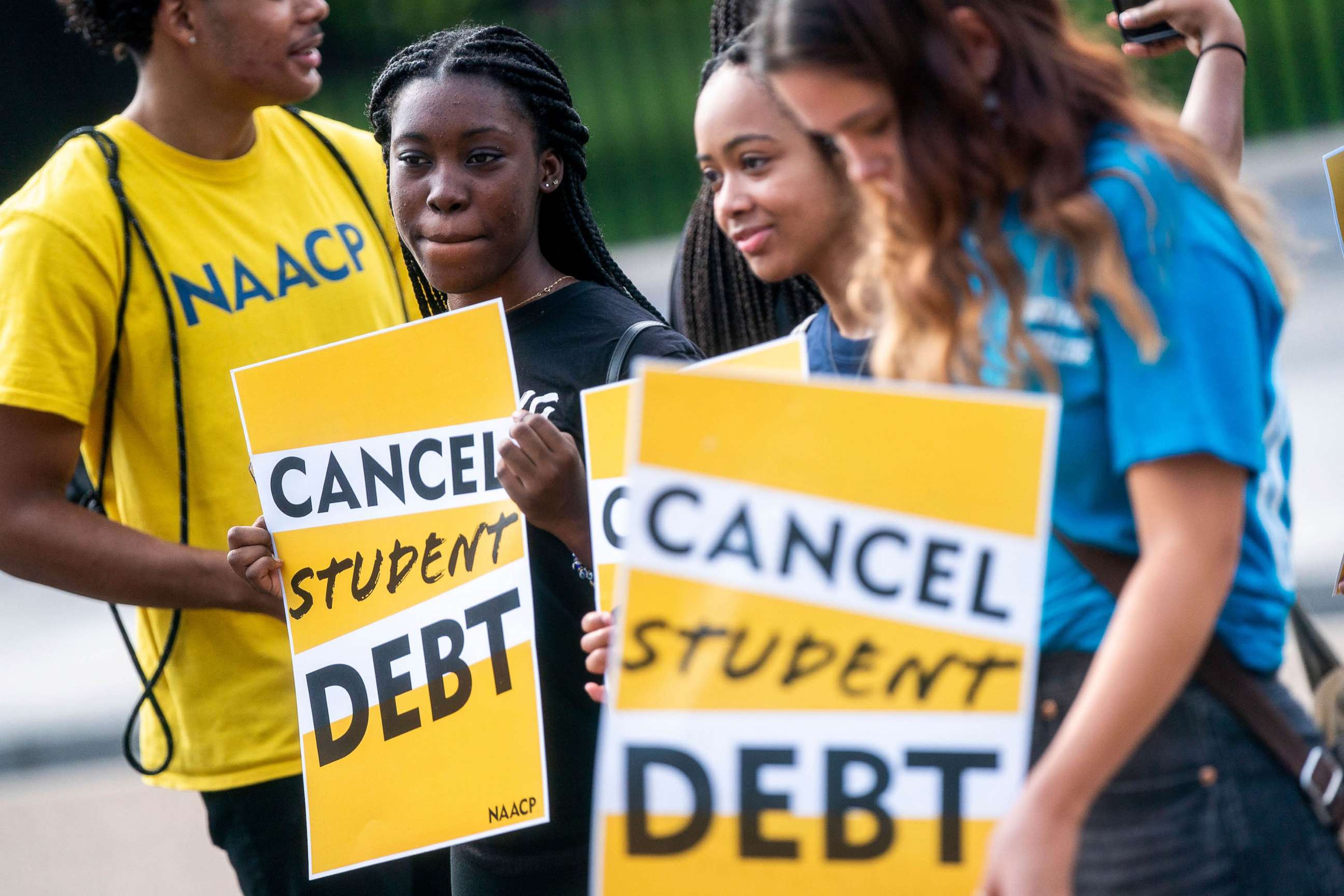 PHOTO: In this Aug. 25, 2022, file photo, student loan forgiveness advocates attend a press conference on Pennsylvania Avenue in front of the White House in Washington, D.C.