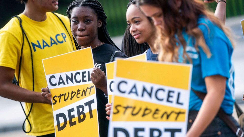 PHOTO: Student loan forgiveness advocates attend a press conference on Pennsylvania Avenue in front of the White House in Washington, Aug. 25, 2022.
