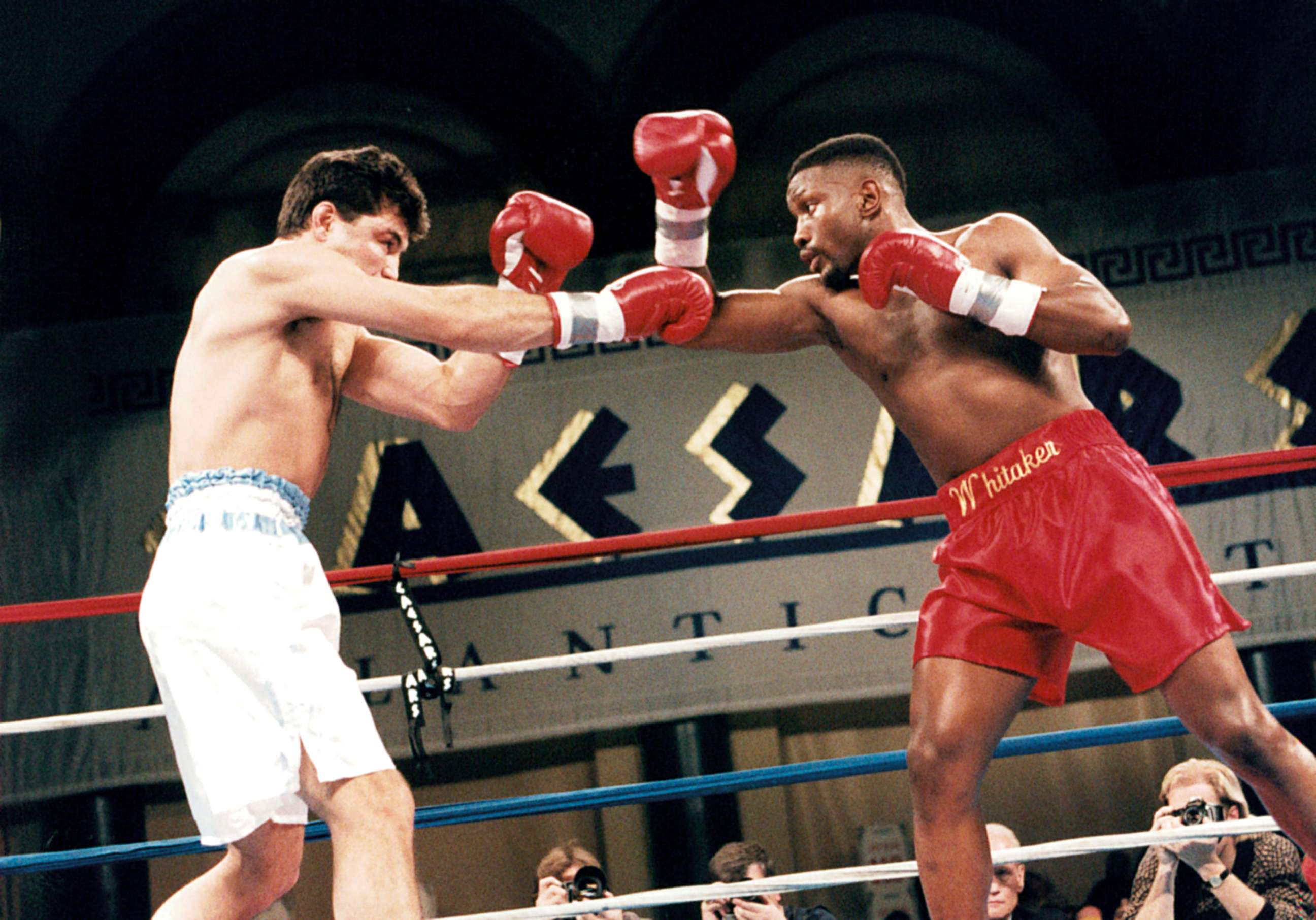 PHOTO: Pernell Whitaker (R) throws a right punch against Julio Cesar Vasquez during the fight at the Convention Center, on March 4,1995, in Atlantic City, New Jersey. Pernell Whitaker won the WBA World light middleweight title by a UD 12.
