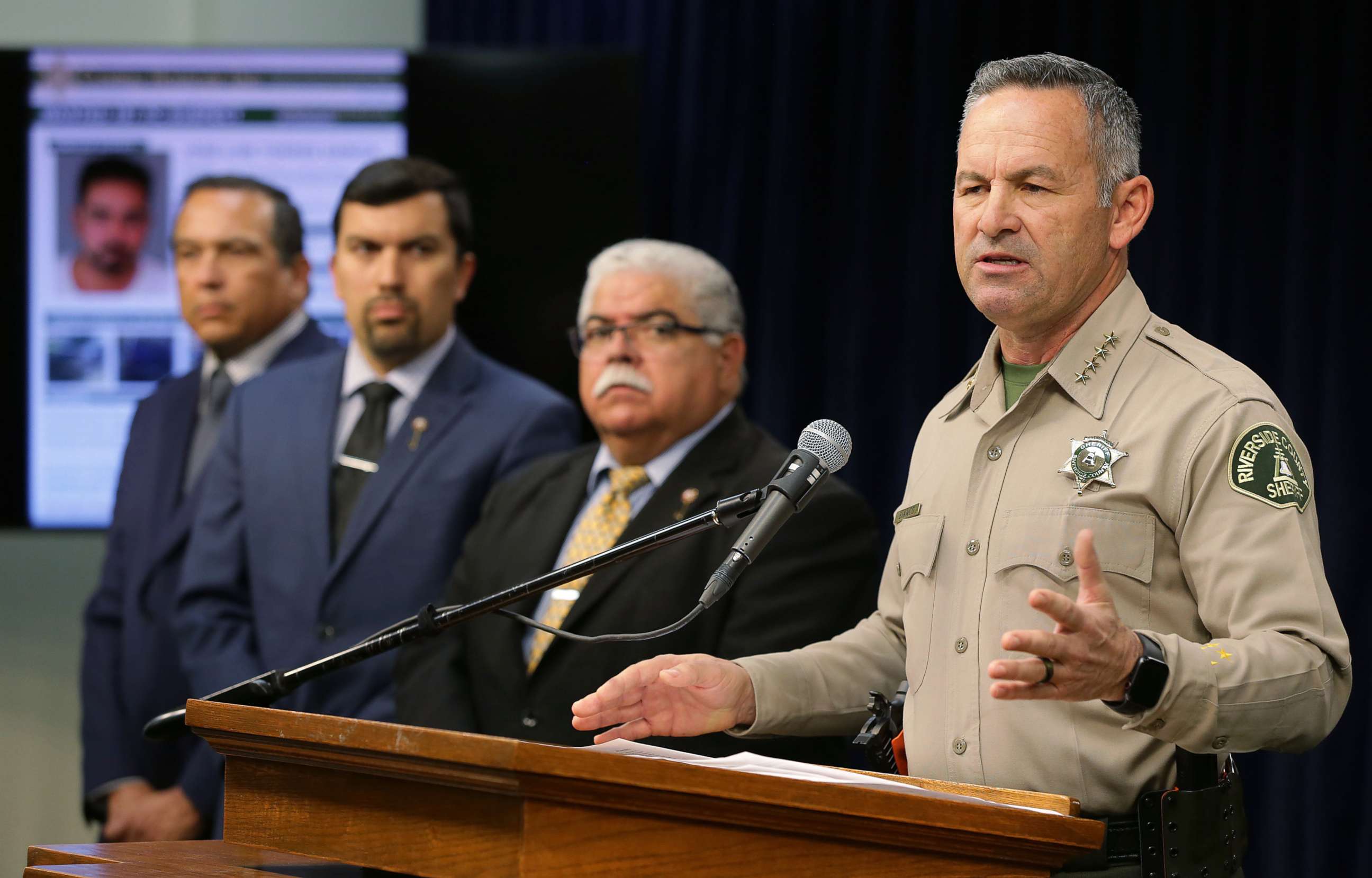 PHOTO: Riverside County Sheriff Chad Bianco names Jose Luis Torres Garcia as the suspect in the triple homicide at Perris Valley Cemetery during a press conference at Riverside County Sheriff's Department in Riverside, Calif., on Feb 20, 2020.