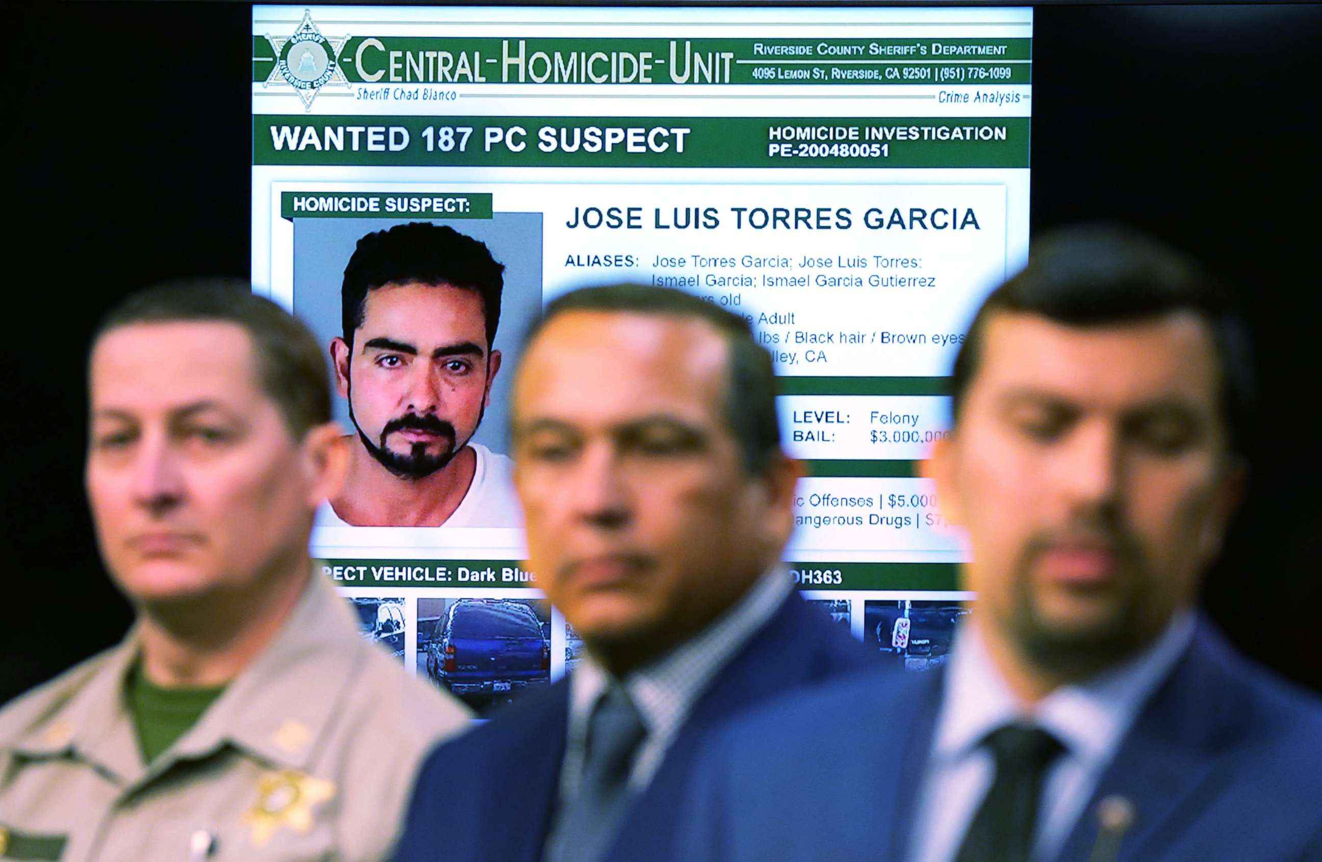 PHOTO: A photo of Jose Luis Torres Garcia is shown on a screen as Riverside County Sheriff Chad Bianco names Garcia as the suspect in the triple homicide in Riverside, Calif., Feb 20, 2020.