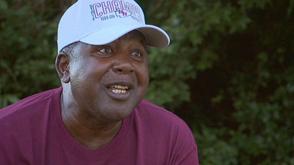 PHOTO: Lawrence Clarington talks to reporters about his experience as part of the all-Black Houston High School football team when it won the state title 50 years ago in Perry, Ga., July 11, 2020.