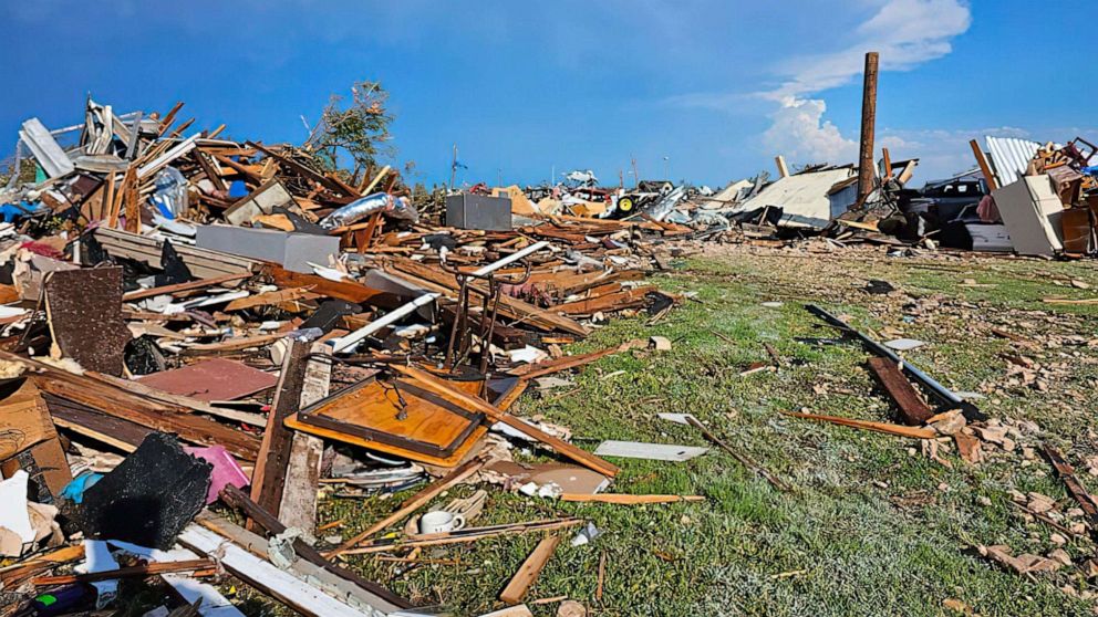 PHOTO: A handout photo made available by the Booker Fire Department shows the damages of an overnight tornado that has reportedly killed at least three people and injured dozens of others in Perryton, Texas, June 16, 2023.