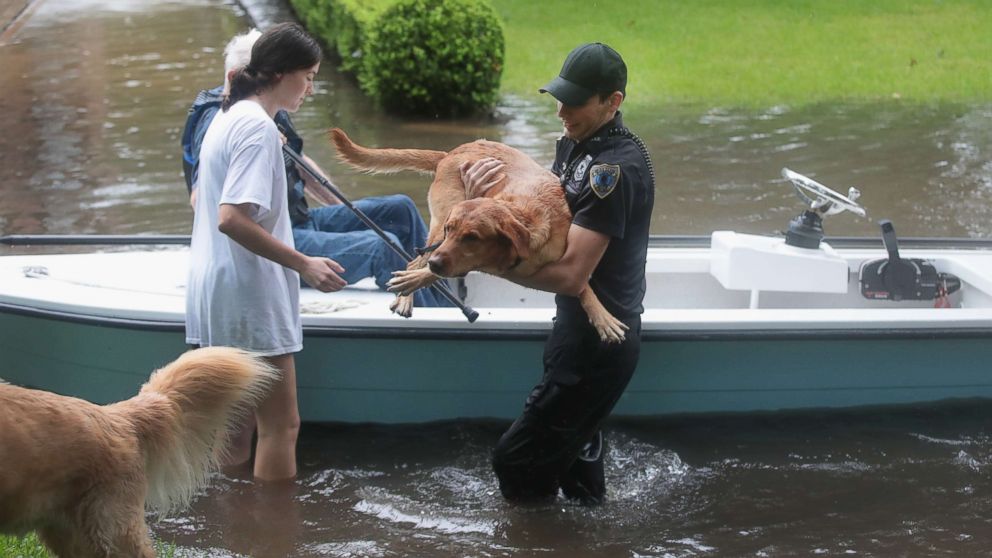 PHOTO: Volunteers and officers from the neighborhood security patrol help to rescue residents and their dogs in the upscale River Oaks neighborhood after it was inundated with flooding from Hurricane Harvey, Aug. 27, 2017, in Houston. 