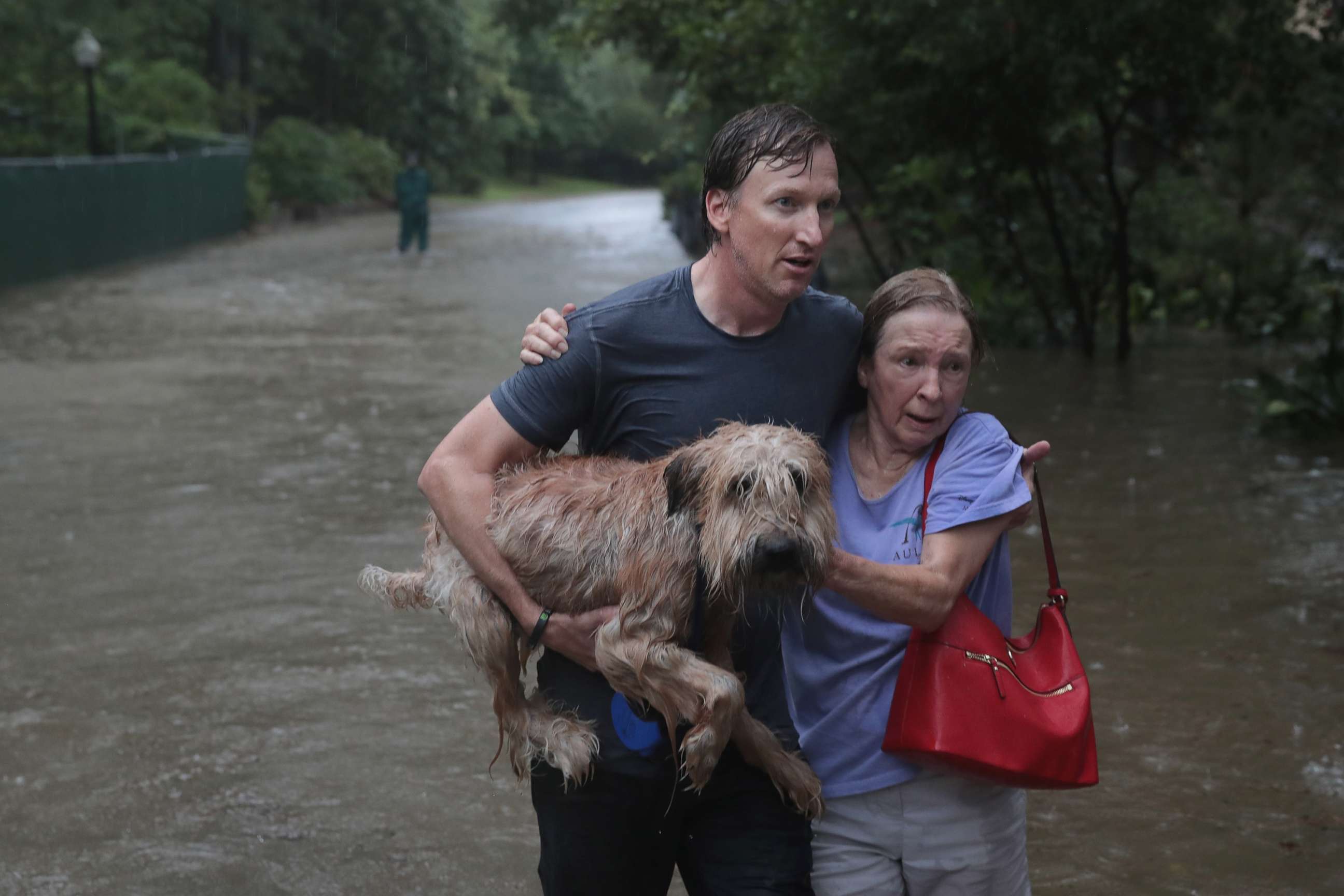 PHOTO: Naomi Coto carries Simba on her shoulders as they evacuate their home after the area was inundated with flooding from Hurricane Harvey, Aug. 27, 2017, in Houston. 