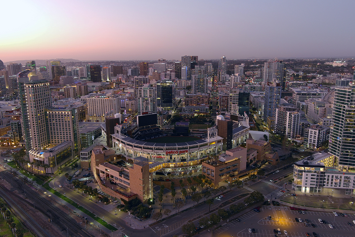 PHOTO: An aerial view of Petco Park in this Feb. 25, 2021 file photo is seen in San Diego, Calif.
