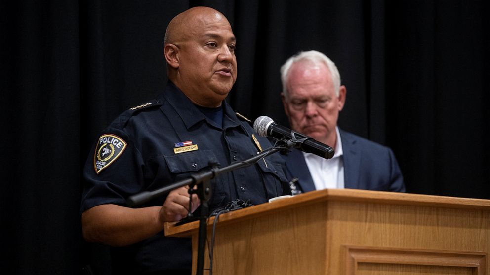 PHOTO: In this May 24, 2022, file photo, Uvalde School Police Chief Pete Arredondo speaks at a press conference following the shooting at Robb Elementary School in Uvalde, Texas.