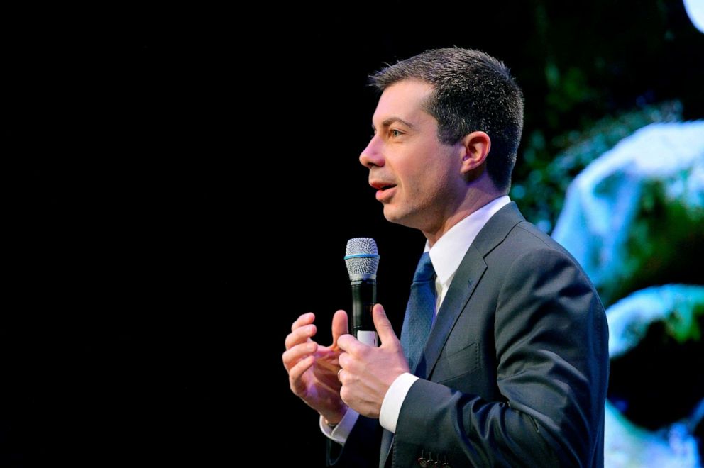 PHOTO: Democratic presidential candidate Pete Buttigieg speaks at the New Hampshire Youth Climate and Clean Energy Town Hall at the Bank Of New Hampshire Stage in Concord, New Hampshire, Feb. 5, 2020.