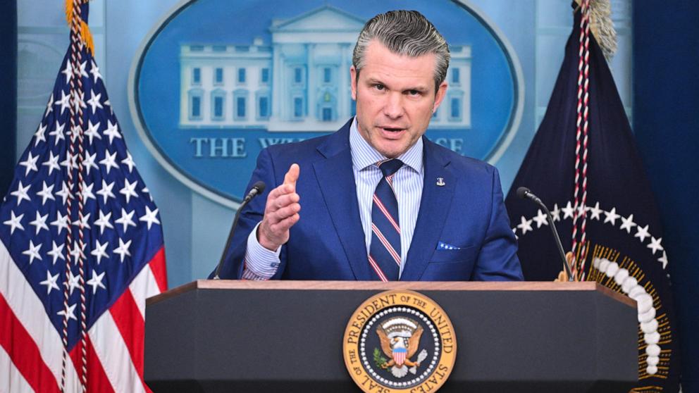 PHOTO: Secretary of Defense Pete Hegseth speaks about the mid-air crash between American Airlines flight 5342 and a military helicopter in Washington, in the Brady Press Briefing Room at the White House, Jan. 30, 2025 in Washington.