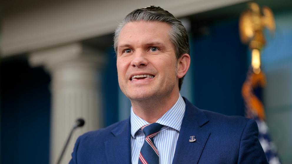 PHOTO: Secretary of Defense Pete Hegseth speaks to reporters about the collision of an American Airlines flight with a military Black Hawk helicopter near Ronald Reagan National Airport, at the White House, Jan. 30, 2025 in Washington.