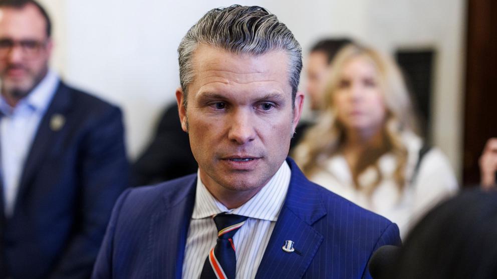 PHOTO: Pete Hegseth, President-Elect Trump's pick for Secretary of Defense, speaks with journalists in the Russel Senate Office Building in Washington, Nov. 21, 2024.