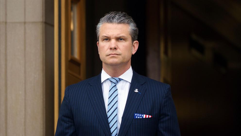 PHOTO: Secretary of Defense Pete Hegsethwaits for the arrival of the foreign and defense ministers of Peru at the Pentagon in Arlington, Virginia, May 5. 2025.