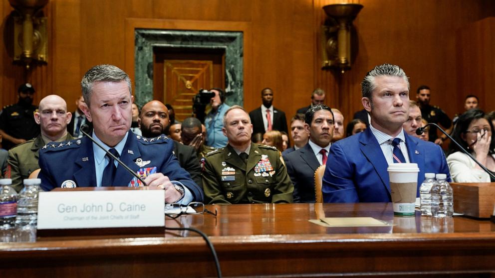 PHOTO: Defense Secretary Pete Hegseth and Joint Chiefs of Staff Chairman Air Force General John Caine attend a Senate Appropriations Committee hearing on Capitol Hill in Washington, June 11, 2025. 
