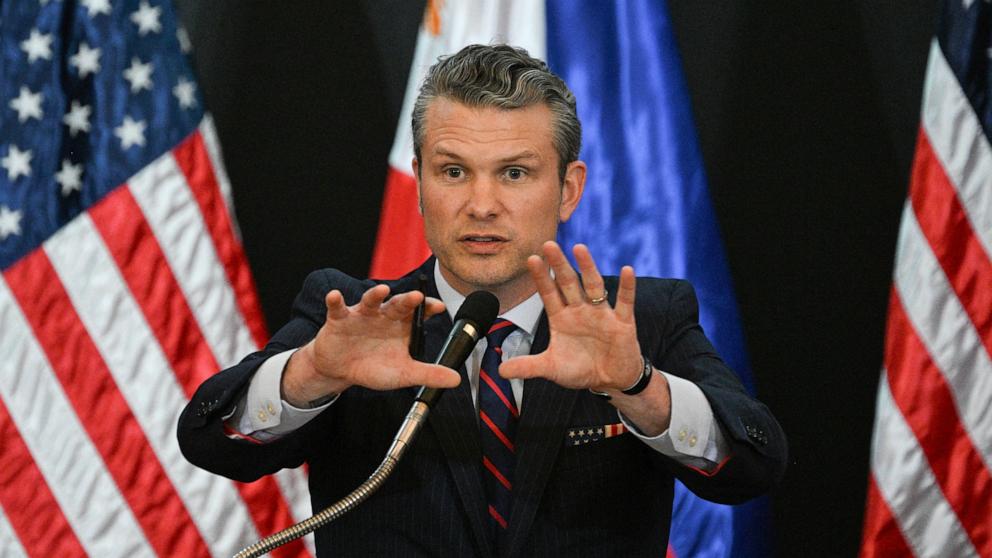 PHOTO: Defense Secretary Pete Hegseth speaks during a joint press conference with Philippine Defense Minister Gilberto Teodoro, at Camp Aguinaldo, in Quezon City, Metro Manila, Philippines, March 28, 2025.