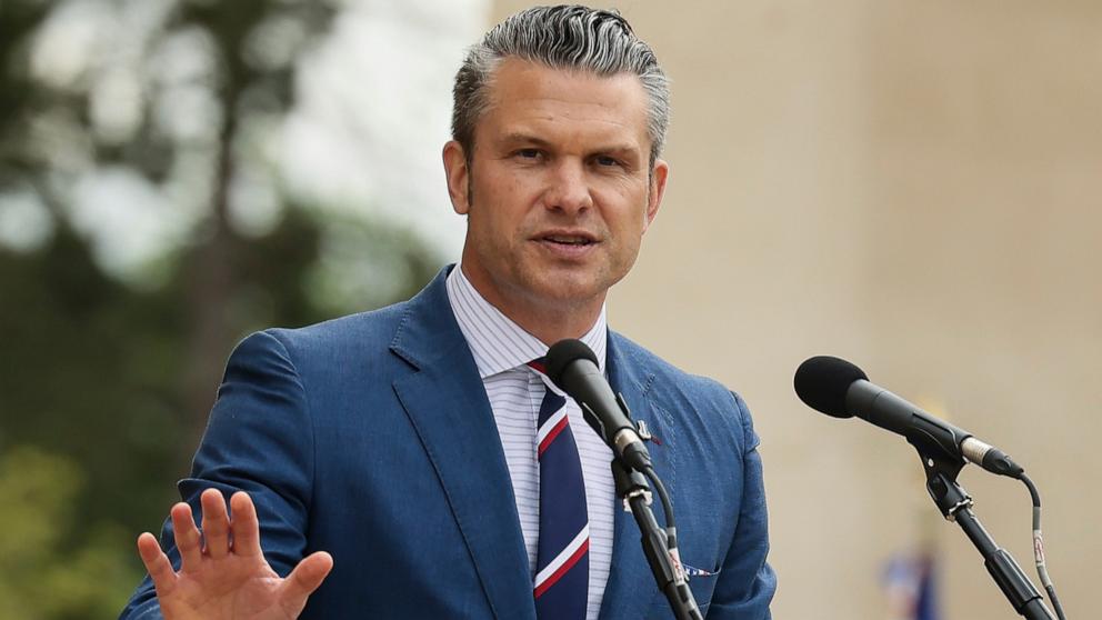 PHOTO: Defense Secretary Pete Hegseth delivers a speech at the US cemetery to commemorate the 81st anniversary of the D-Day landings, June 6, 2025 in Colleville-sur-Mer, Normandy.