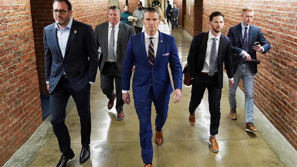 PHOTO: Defense secretary nominee Pete Hegseth departs following a meeting on Capitol Hill in Washington, Nov. 21, 2024. 