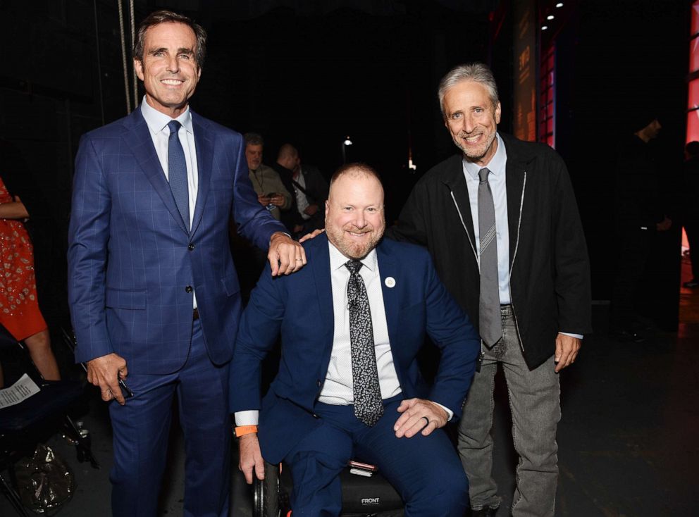 PHOTO: From left, Bob Woodruff, Major Pete Way and Jon Stewart pose backstage during the 13th annual Stand Up for Heroes to benefit the Bob Woodruff Foundation at The Hulu Theater at Madison Square Garden on Nov. 4, 2019, in New York.