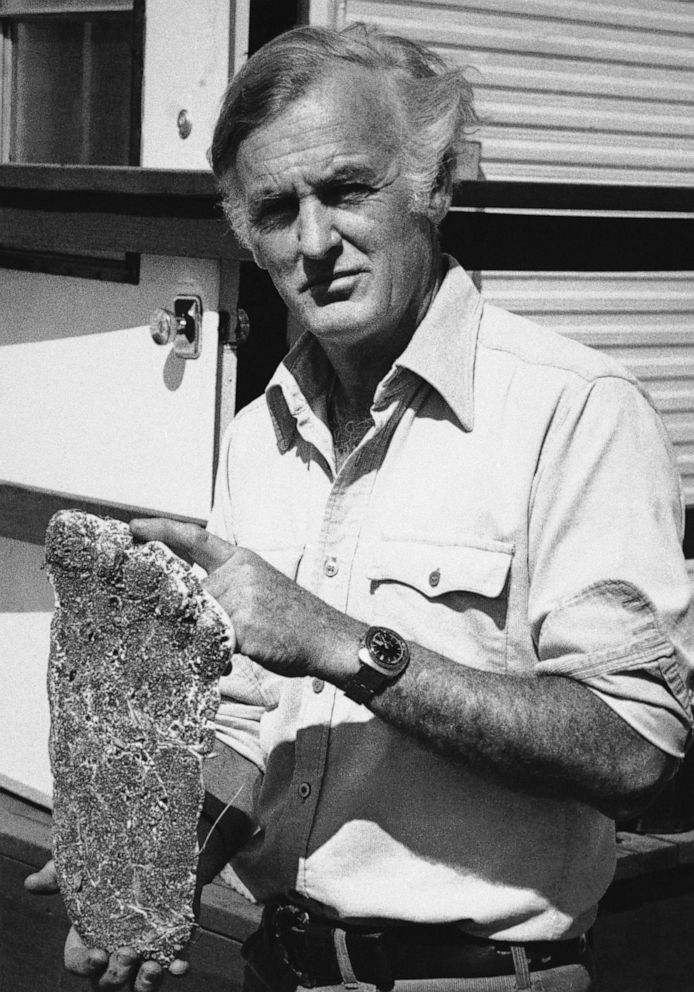 PHOTO: Peter Byrne holds a plaster cast of what he said may be a Bigfoot footprint at his information center at The Dalles, Ore. on Oct 30, 1975.