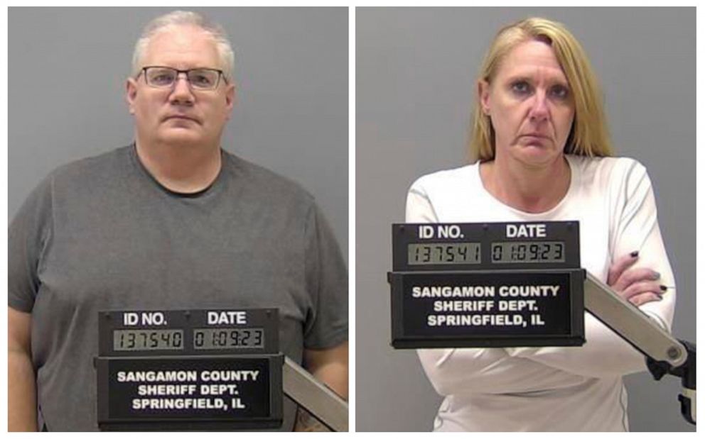 PHOTO: This combination of booking photos provided by the Sangamon County Sheriff's Office shows Peter J. Cadigan, left, and Peggy Jill Finley in Springfield, Illinois, on Jan. 9, 2023.
